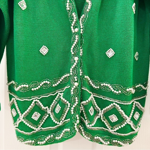 Cervelle Vintage Beaded Pearl Embellished V Neck Cardigan Sweater Kelly Green - Picture 4 of 6